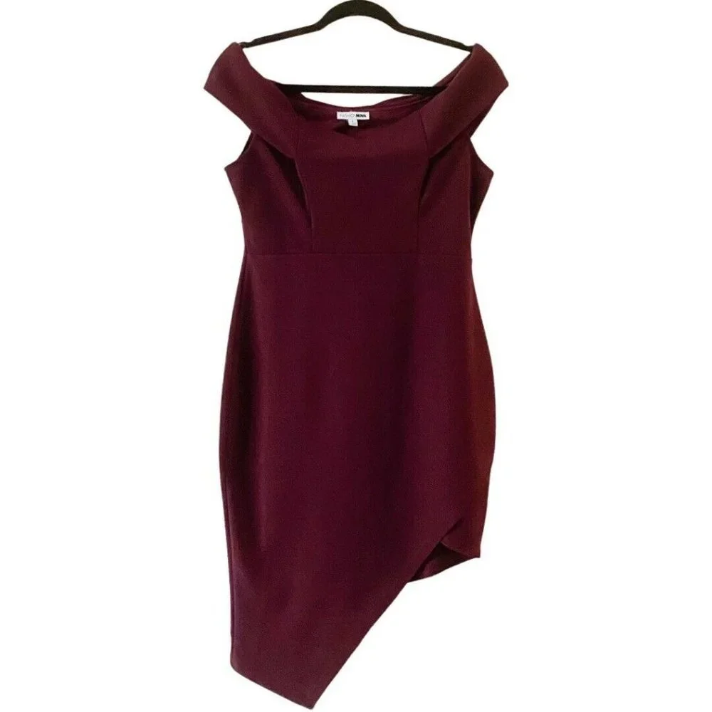 Fashion Nova Do Or Die Off the Shoulder Asymmetrical Sangria Knit Dress Size L - Picture 6 of 8